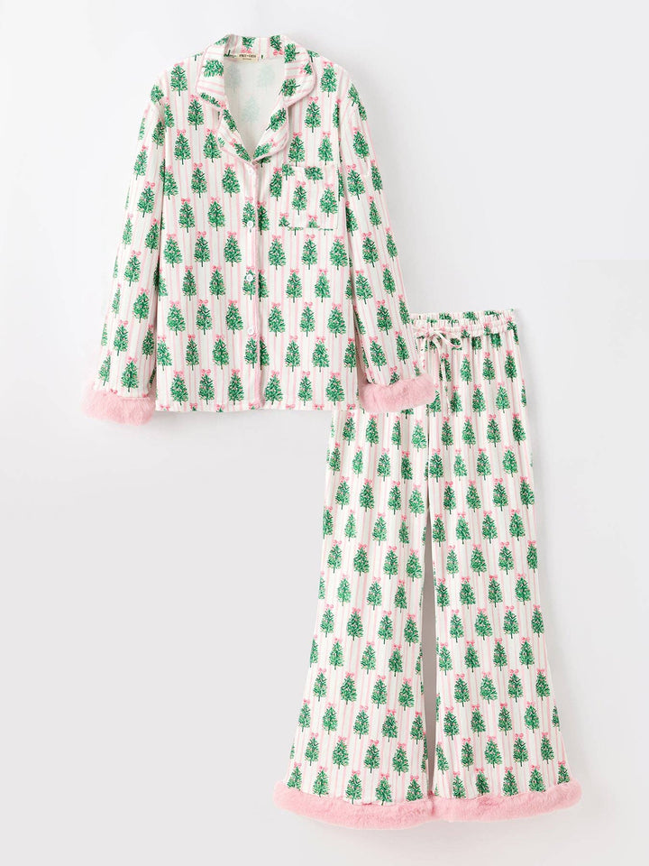 Mommy and Me Christmas Tree Print Pajama Set with Faux Fur Trim