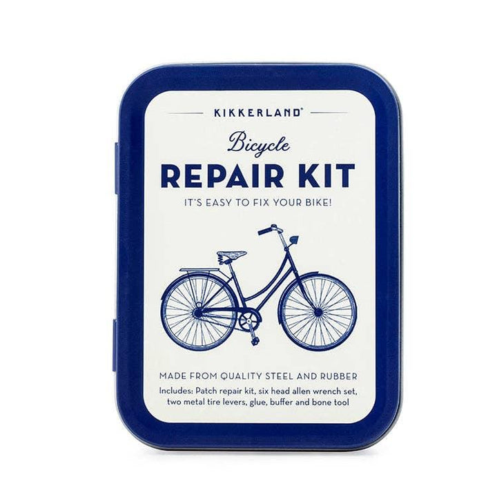 Kikkerland bicycle repair kit in blue tin with tools for fixing bike tires and tubes