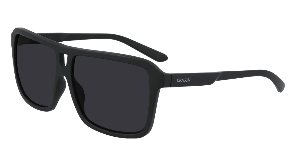Dragon brand black matte square sunglasses with dark lenses, stylish outdoor eyewear
