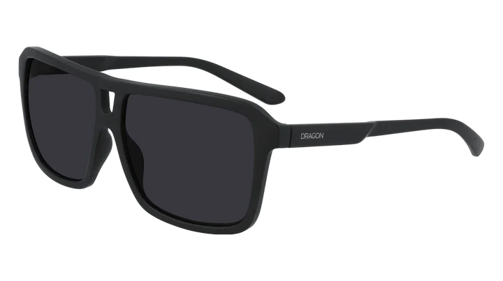 Dragon brand black matte square sunglasses with dark lenses, stylish outdoor eyewear