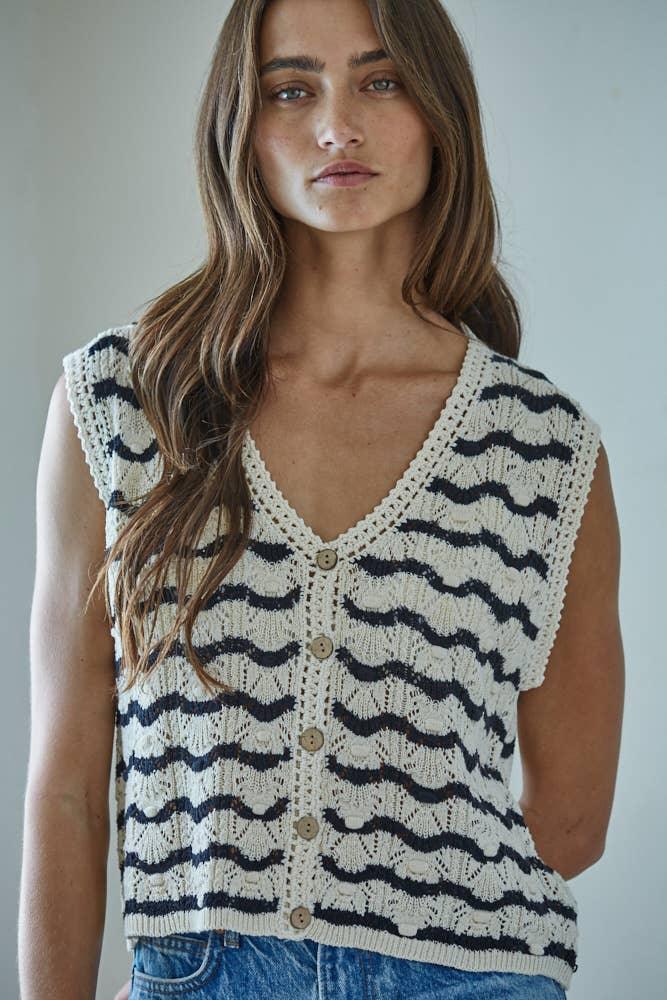 Cream and navy wavy stripe knit vest with buttons, coastal style women's top