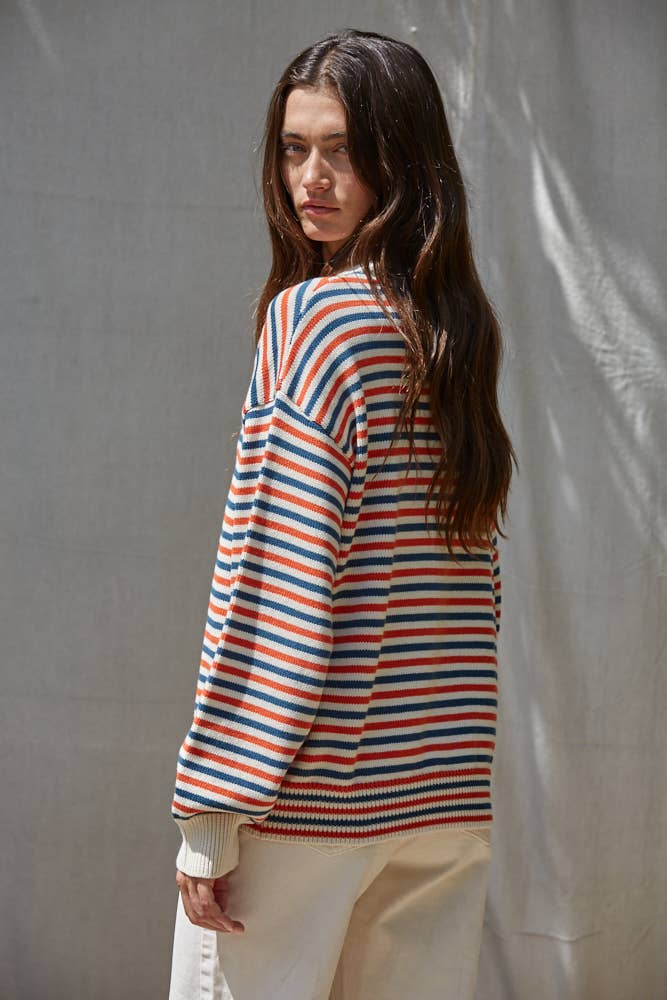 W2690 | Knit Sweater Multi Color Striped Cotton Crew Neck