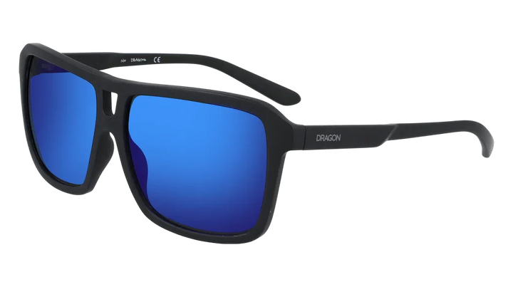 Dragon brand black frame sunglasses with blue mirrored lenses, sporty design for outdoor activities