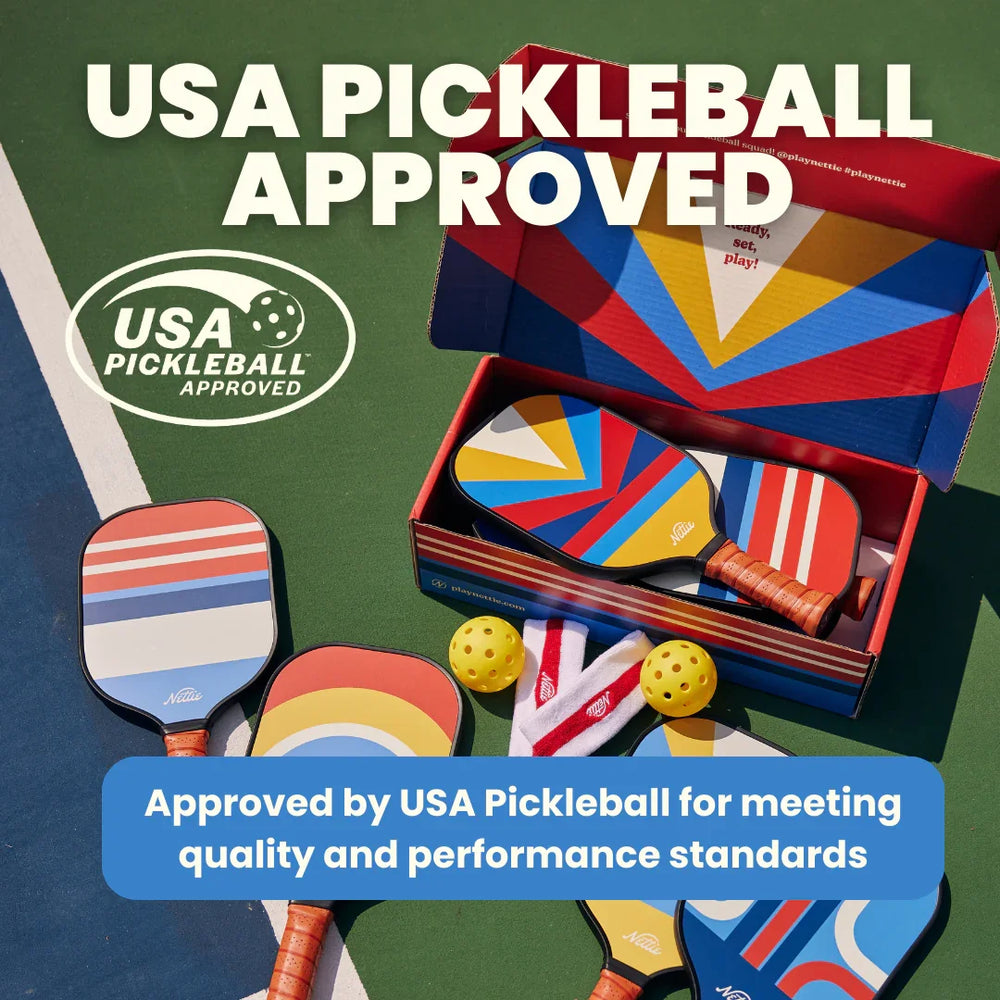 USA Pickleball Approved paddles and balls on court, vibrant designs, quality gear for outdoor play