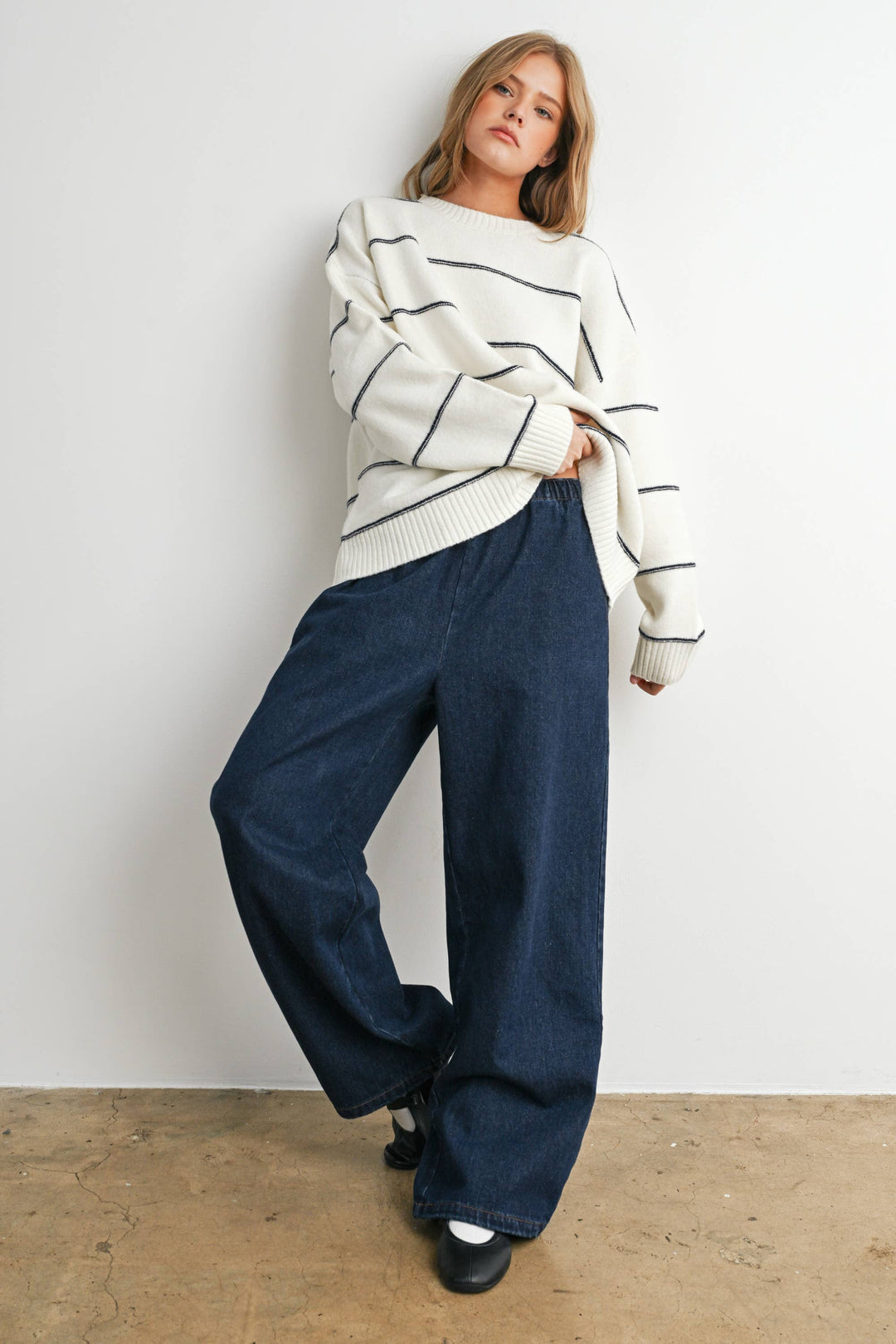 FALL STRIPED PATTERN DROP SHOULDER SWEATER - BMW7421