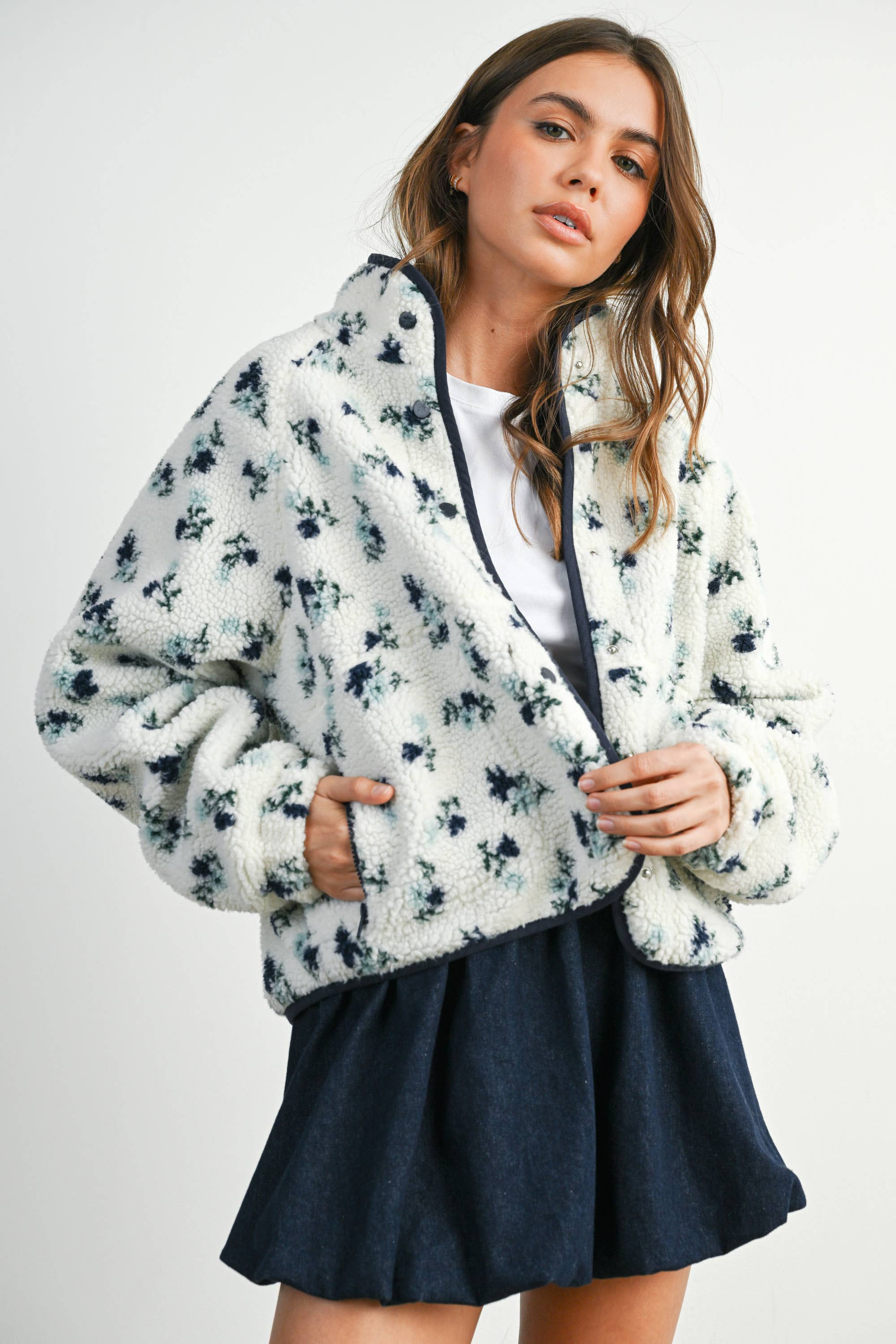 Floral Print Fluffy Fleece Jacket - BMJ7811