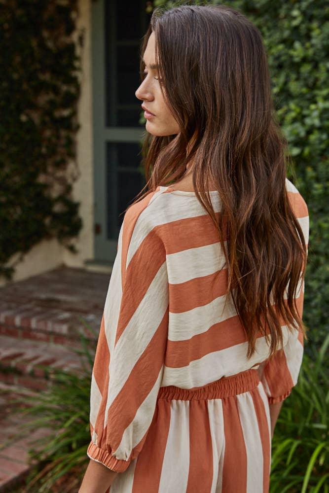L9809T | Woven Rayon Nylon Striped Short Sleeve Crop Top
