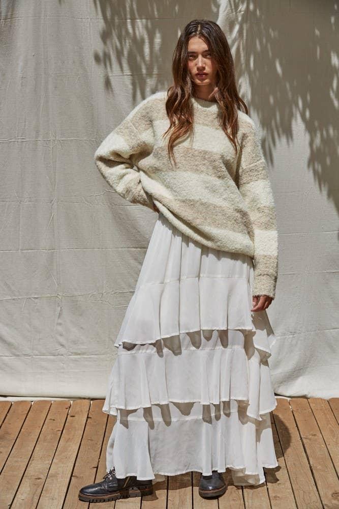W2122 | Knit Sweater Striped Crew Neck Textured Pullover
