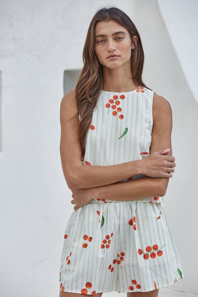 L9699T | Woven Cotton Striped Veggie Print Sleeveless Top