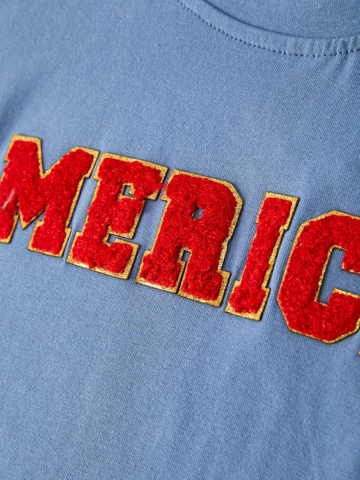 Light blue t-shirt with bold red chenille &