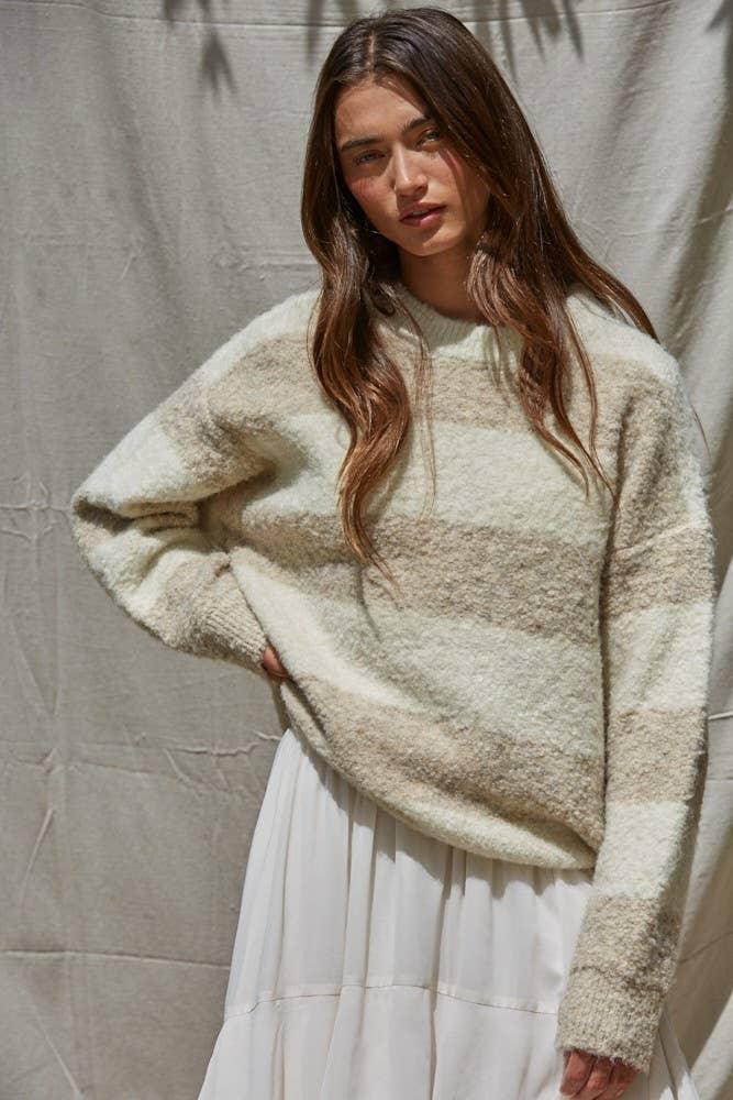 W2122 | Knit Sweater Striped Crew Neck Textured Pullover