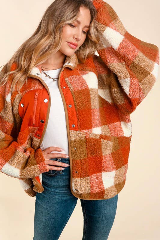 Button Down Plaid Sherpa With Side Pockets