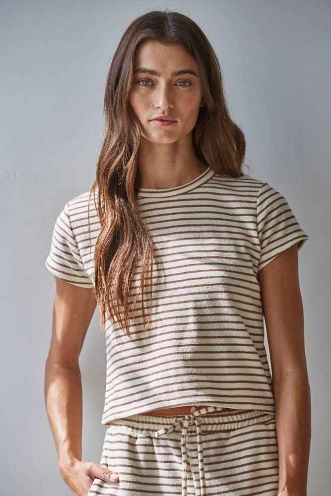 L8945T | Knit Polyester Cotton Striped Short Sleeve Top