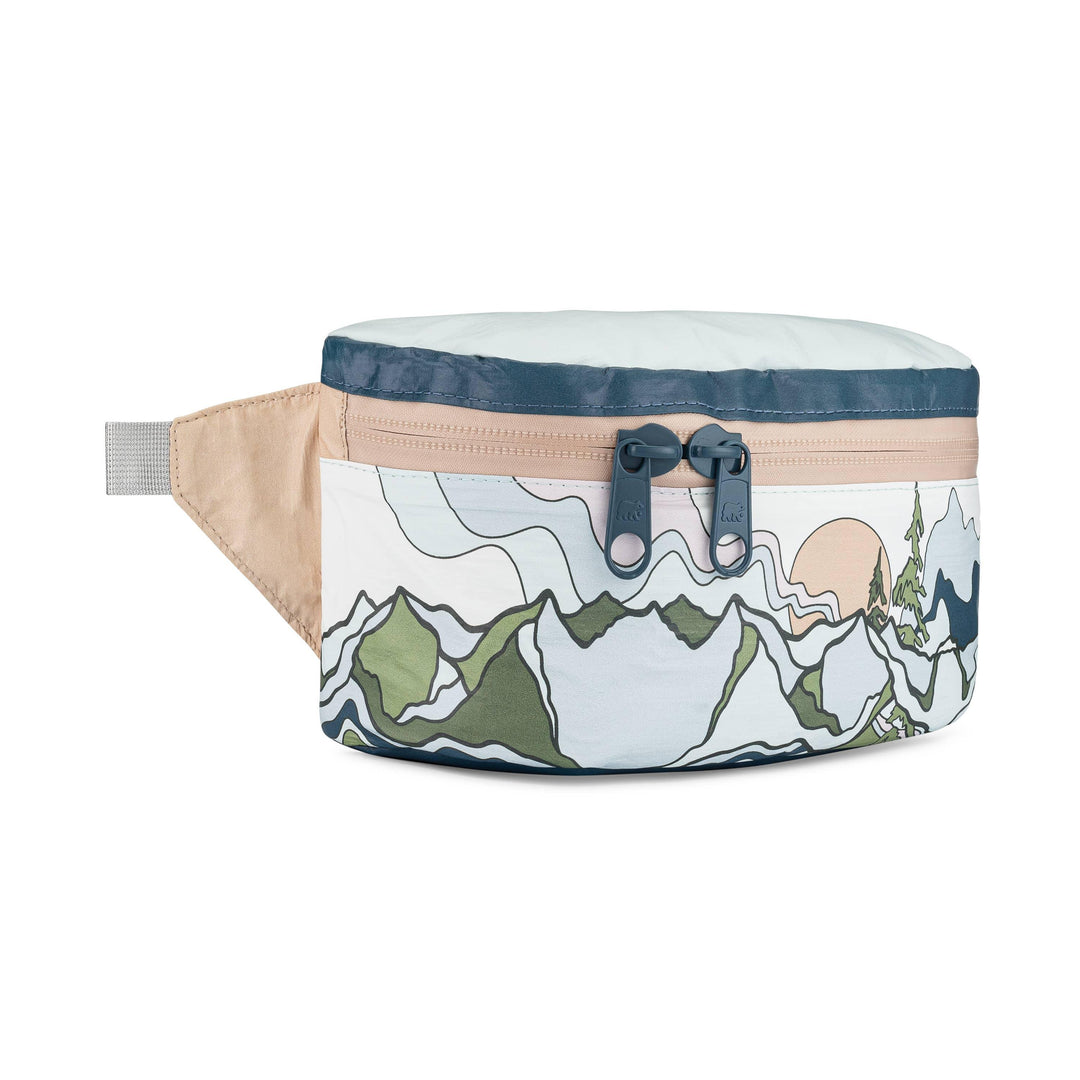 Mountain-themed waist pack with scenic print and dual zippers for outdoor adventures