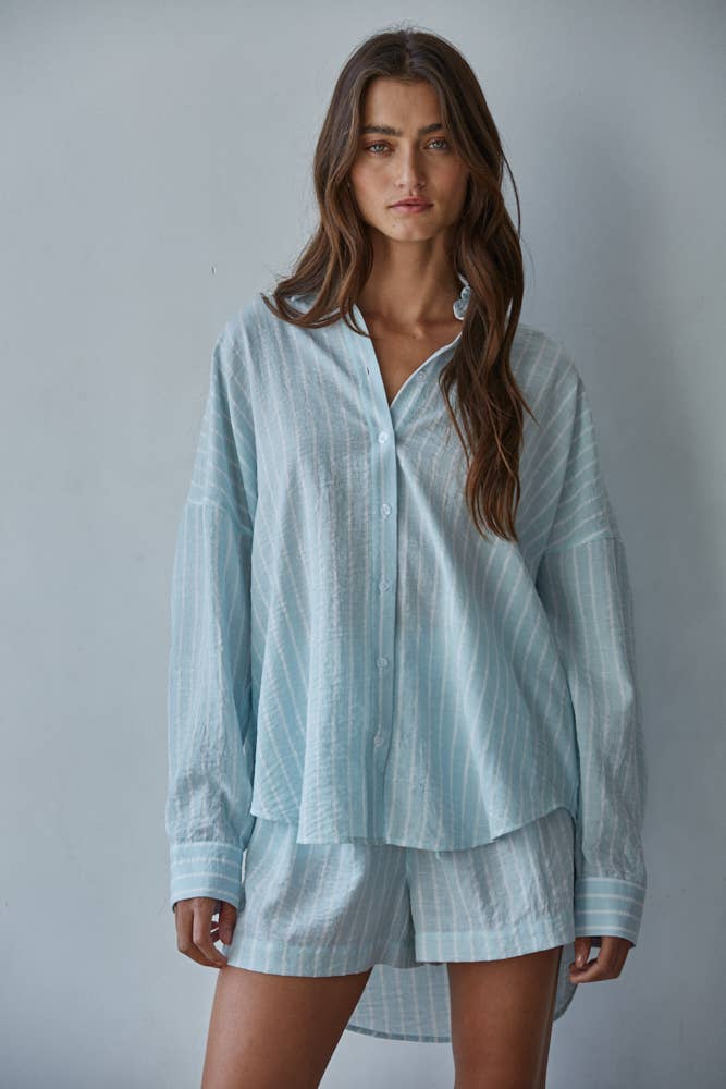 L9320T | Woven Poly Cotton Striped Collar Neck Shirt Top