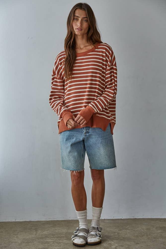 L9220 | Knit Cotton Spandex Striped Thermal Pullover