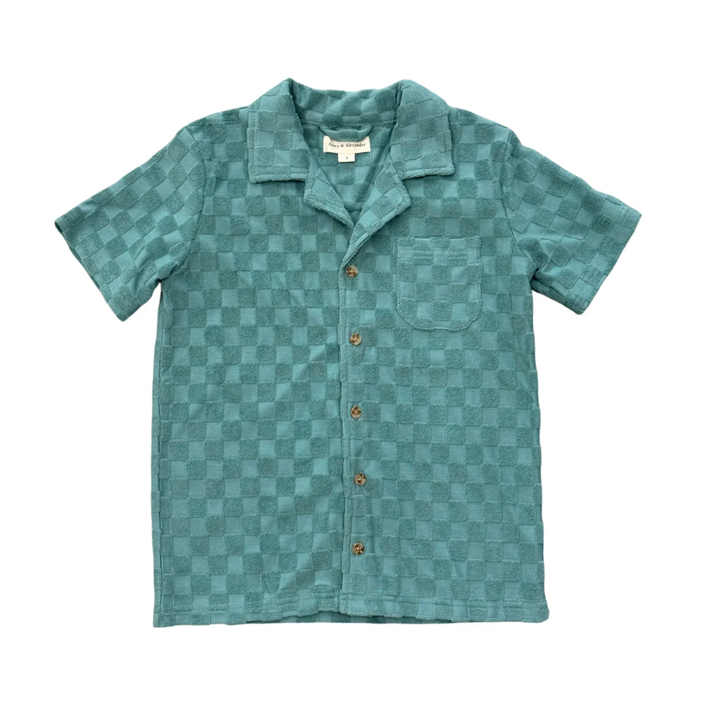Teal checkered short-sleeve button-up shirt with chest pocket, coastal style for beach days and PNW adventures