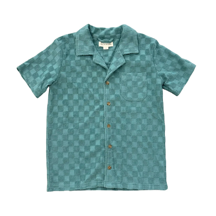 Teal checkered short-sleeve button-up shirt with chest pocket, coastal style for beach days and PNW adventures