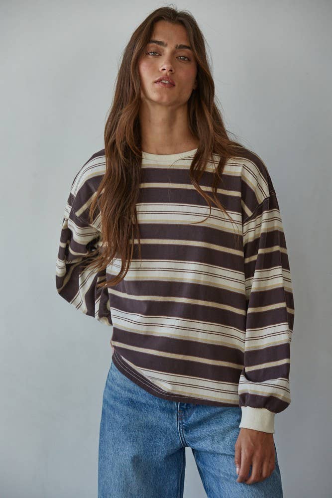 L8608 | Knit Cotton Multi Striped Crew Neck Long Sleeve Top