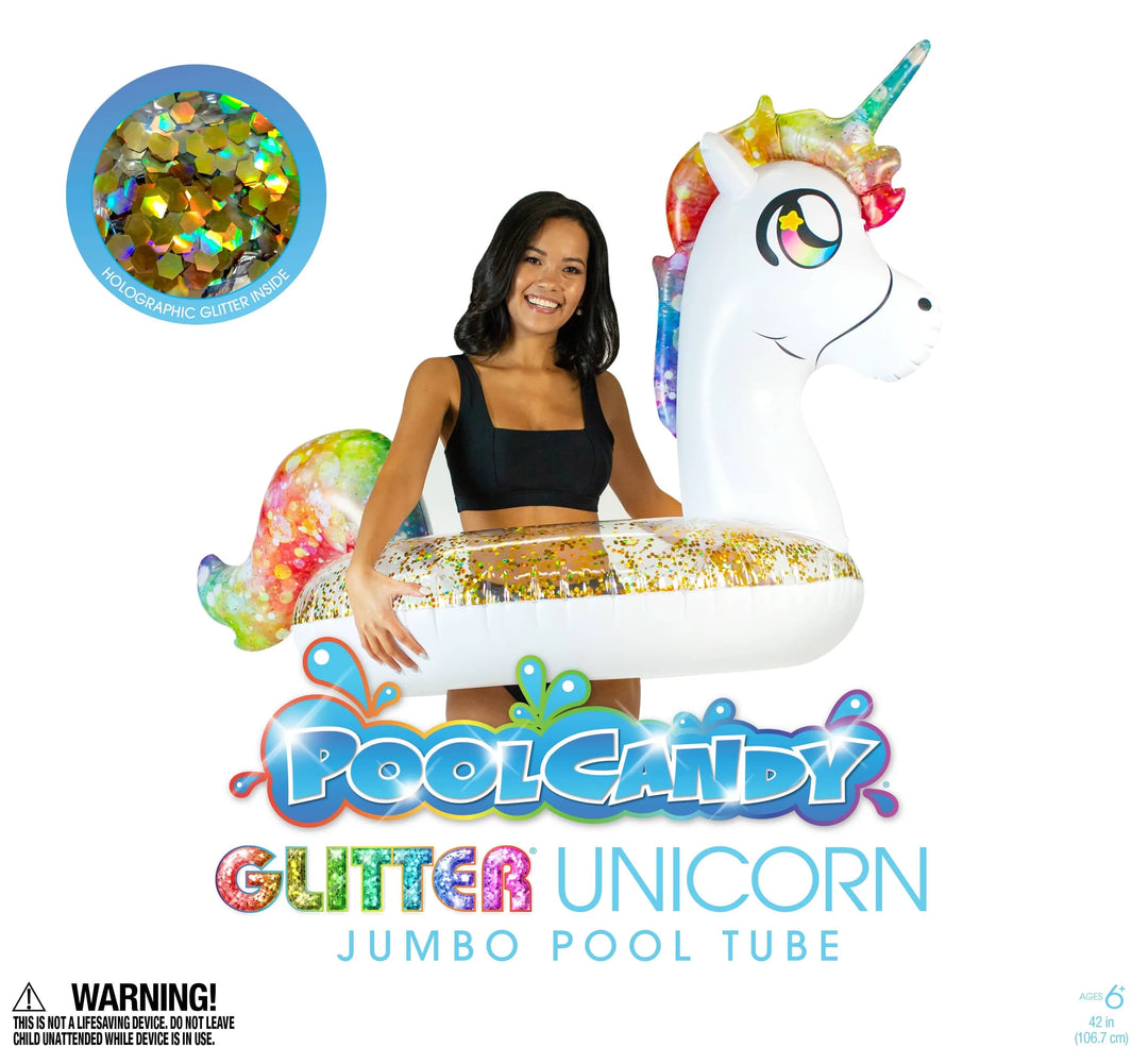 Glitter unicorn jumbo pool float with holographic sparkle, perfect for beach days and summer fun.