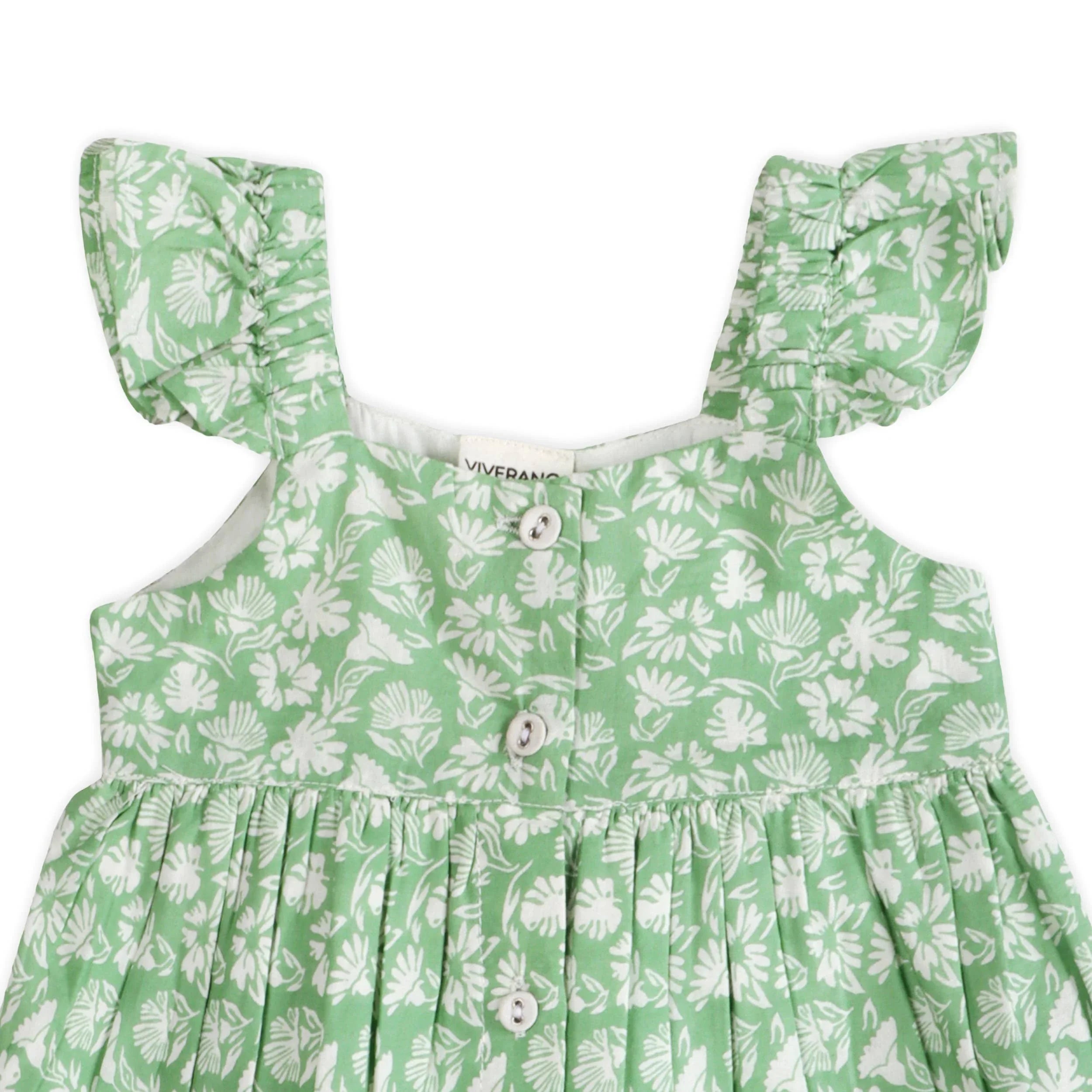 Green floral baby dress with ruffled sleeves and button back, perfect for summer outings.