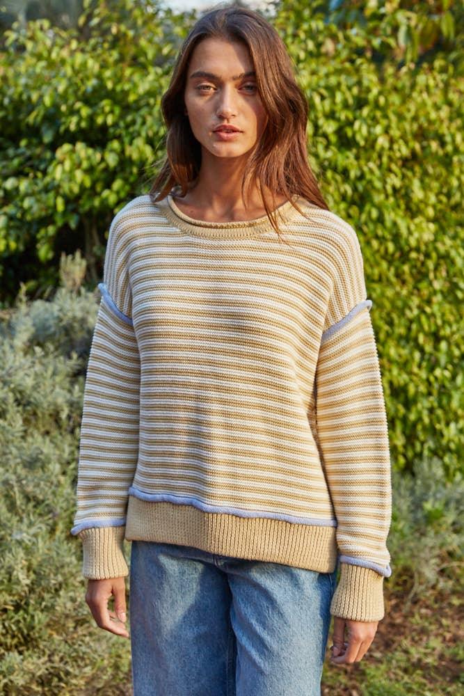 W2416 | Knit Sweater Cotton Polyester Striped Contrast Seam