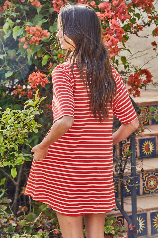 L9609 | Woven Cotton Striped Short Sleeve Round Neck Mini
