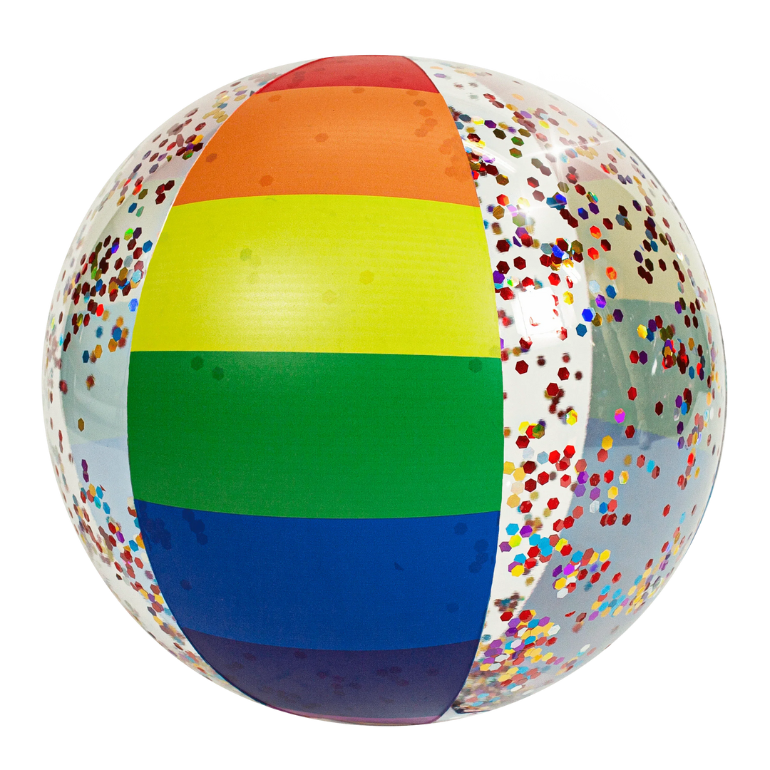 Rainbow stripe beach ball with colorful confetti, perfect for beach days and outdoor fun.