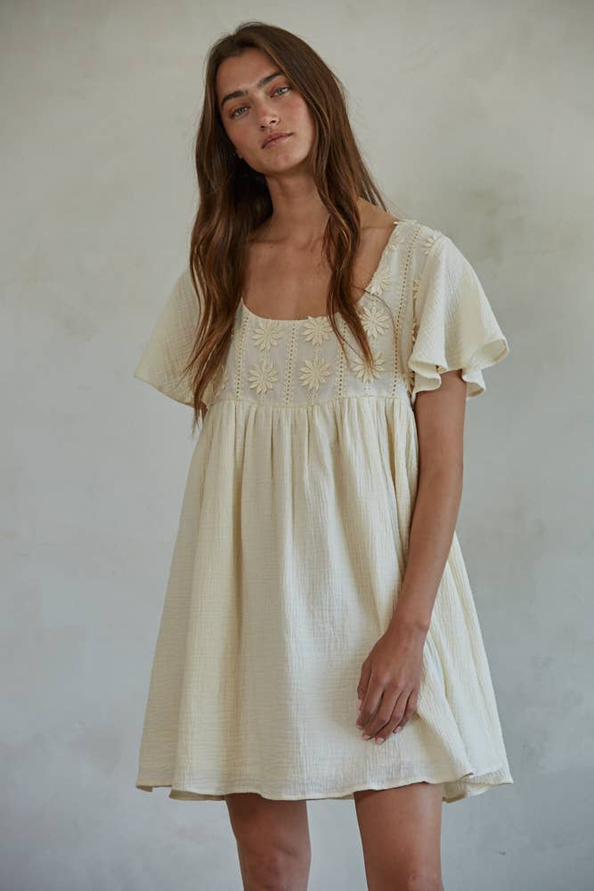 By Together L7484 |  Floral Embroidered Short Sleeve Babydoll Dress