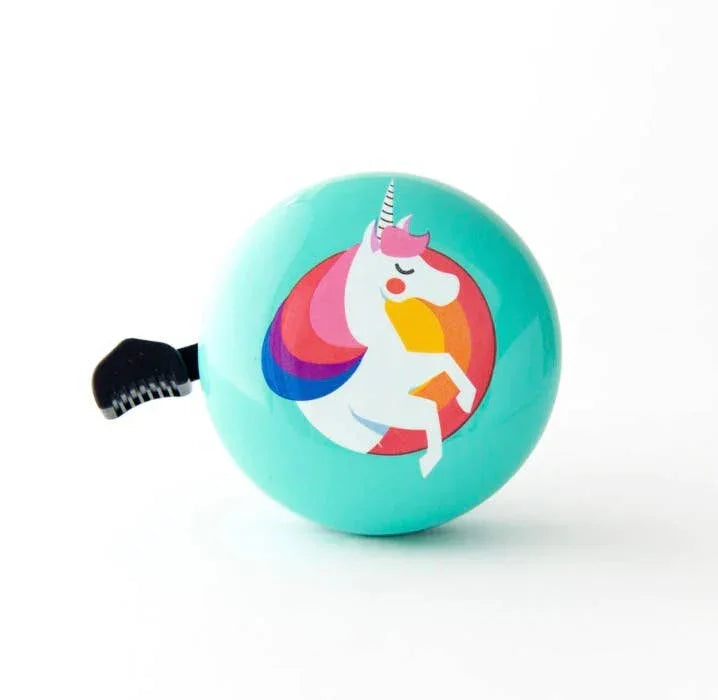 Teal bike bell with colorful unicorn design, perfect for kids' bikes and coastal adventures.