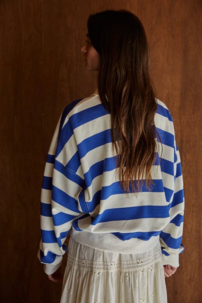 L8467 | Knit Cotton Polyester Striped Half Button Up Top