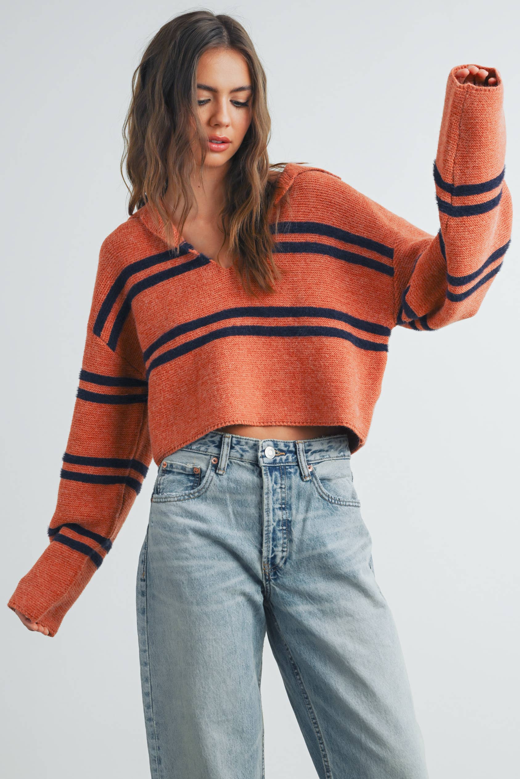 ButterMelonStripe Crop Collar Sweater Top - BMW7393