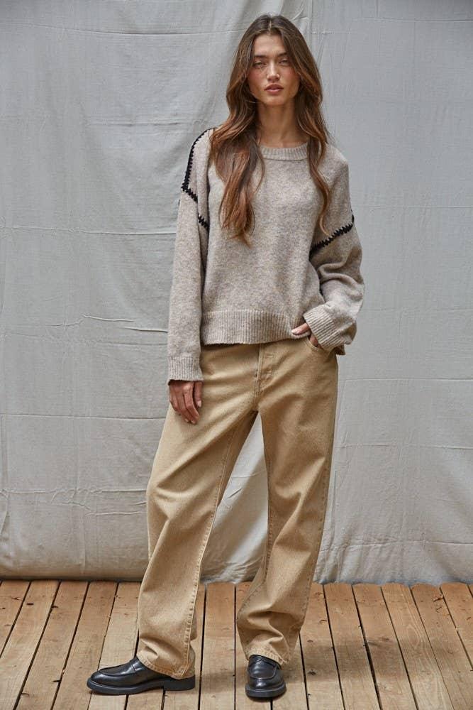 W2283 | Knit Sweater Stitch Detailed Crew Neck Pullover