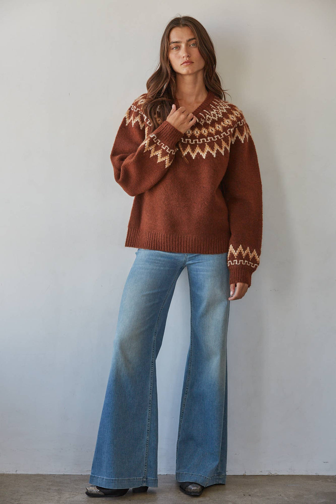 W2642 | Knit Sweater Fair Isle Mock Neck Raglan Pullover