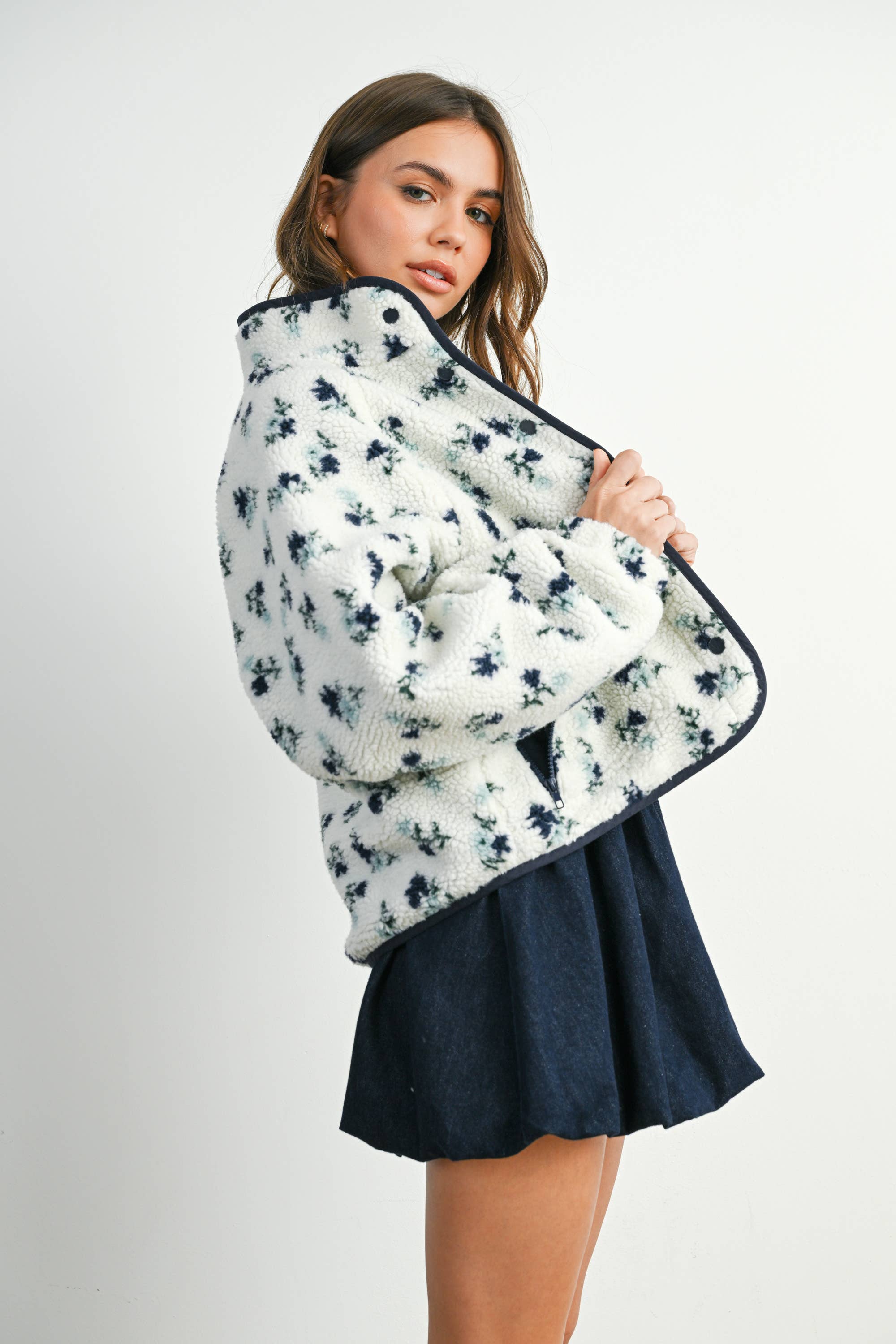 Floral Print Fluffy Fleece Jacket - BMJ7811