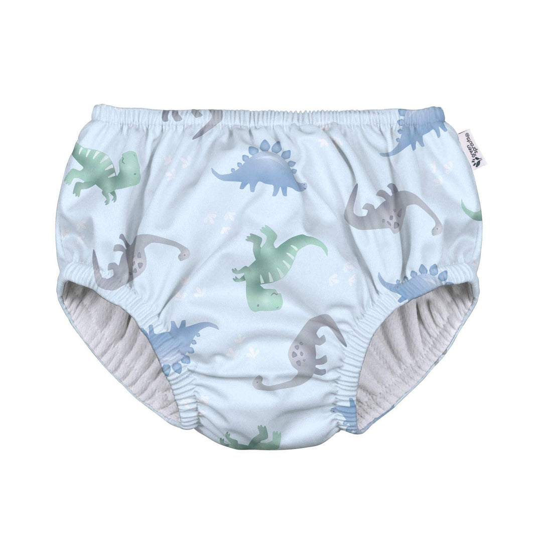 Dinosaur print baby swim diaper with elastic waist and leg openings