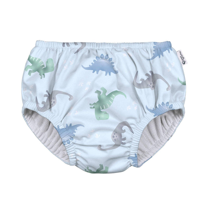 Dinosaur print baby swim diaper with elastic waist and leg openings