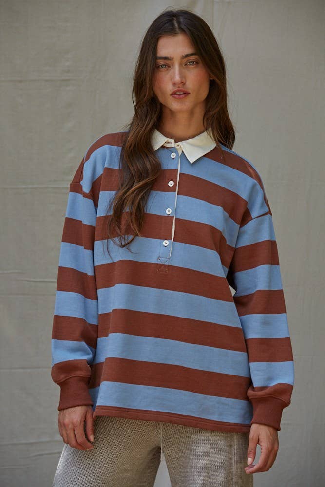 L8802 | Knit Cotton Striped French Terry Collar Neck Top