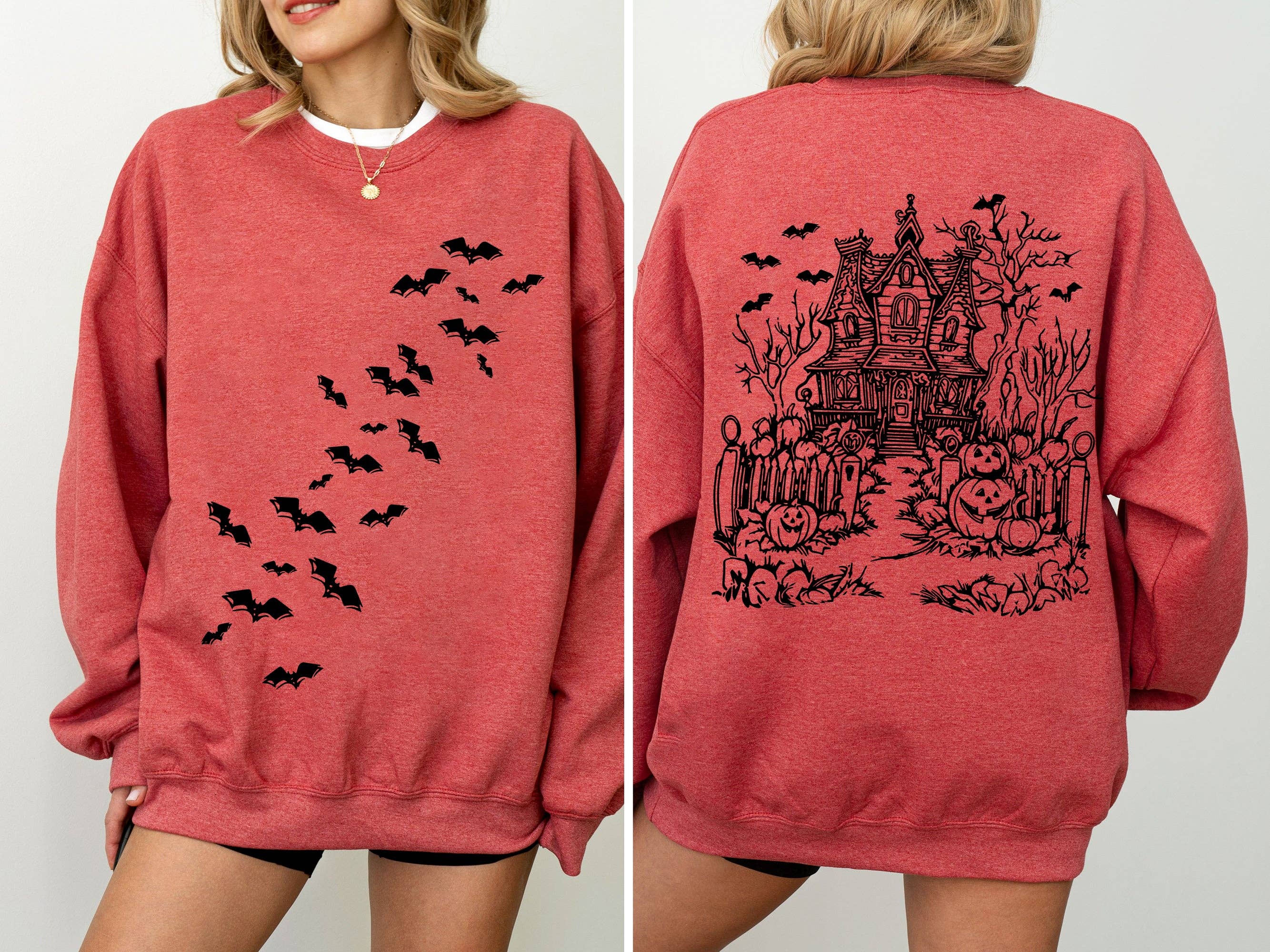 Haunted House, Front and Back, Halloween, Bats Sweatshirt