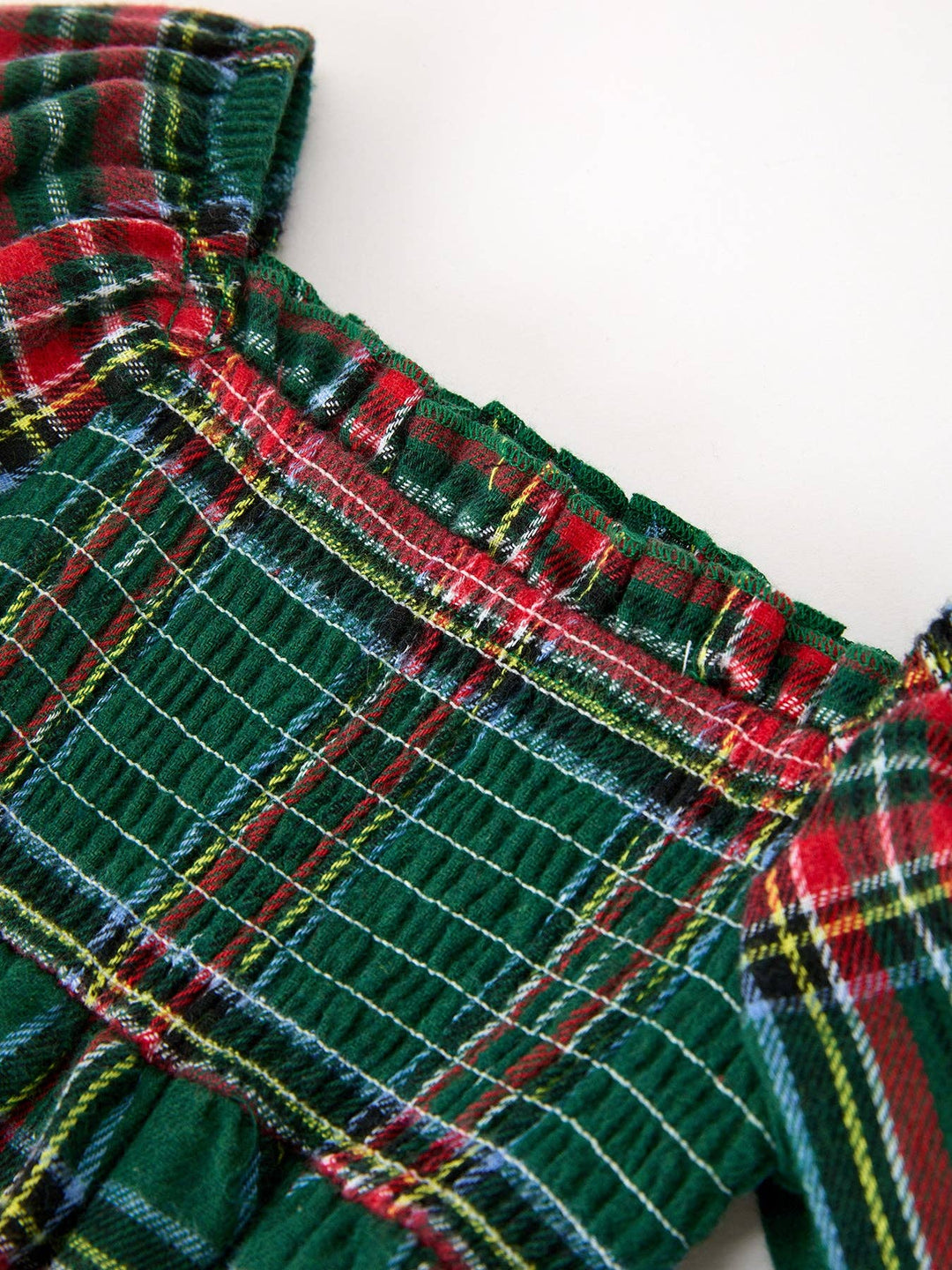 Christmas Plaid Smocked Baby Girl Bubble Romper Ruffle Detail