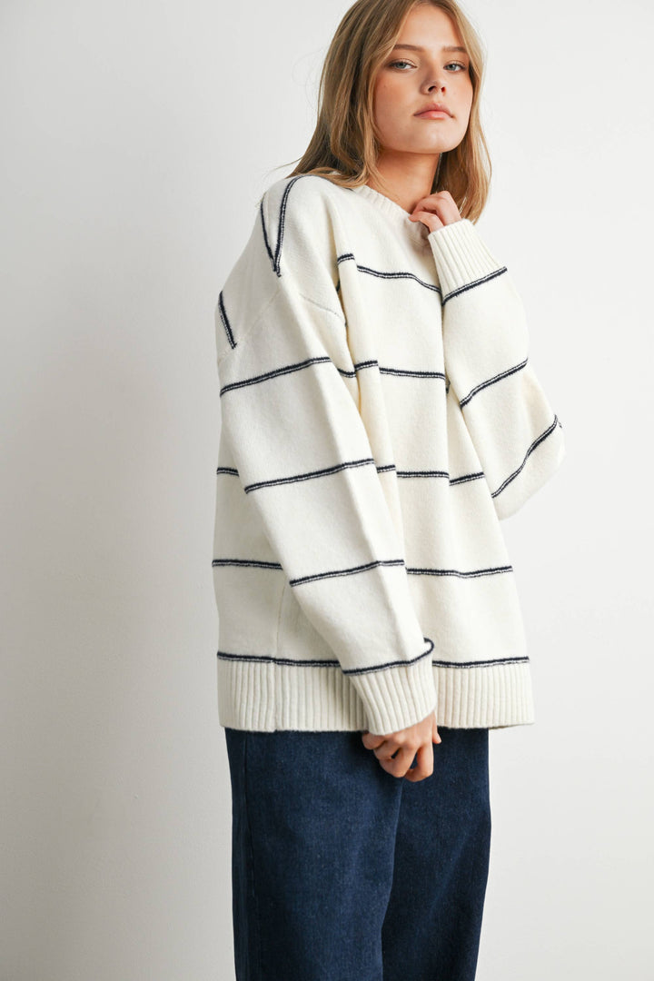 FALL STRIPED PATTERN DROP SHOULDER SWEATER - BMW7421