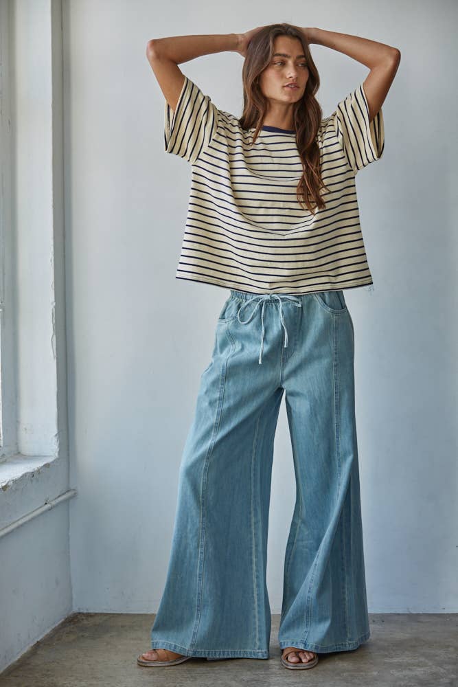 L9691 | Knit Cotton Striped Short Sleeve Crew Neck Top