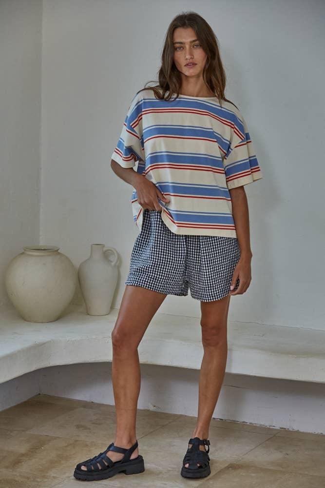 L9696 | Knit Cotton Multi Striped Short Sleeve Top