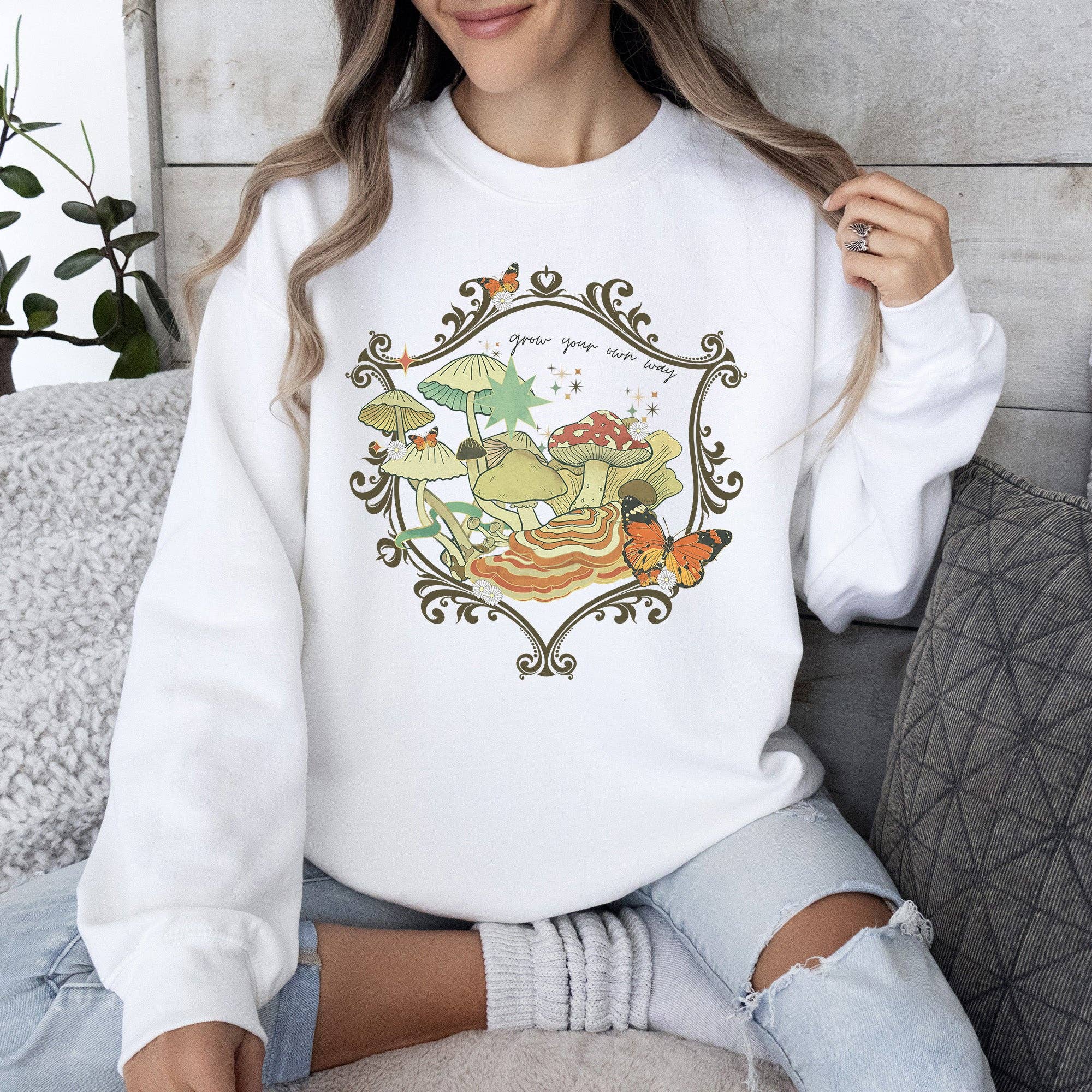 Grow Your Own Way, Mushrooms, Moth, Flowers, Nature, Cottage Sweatshirt