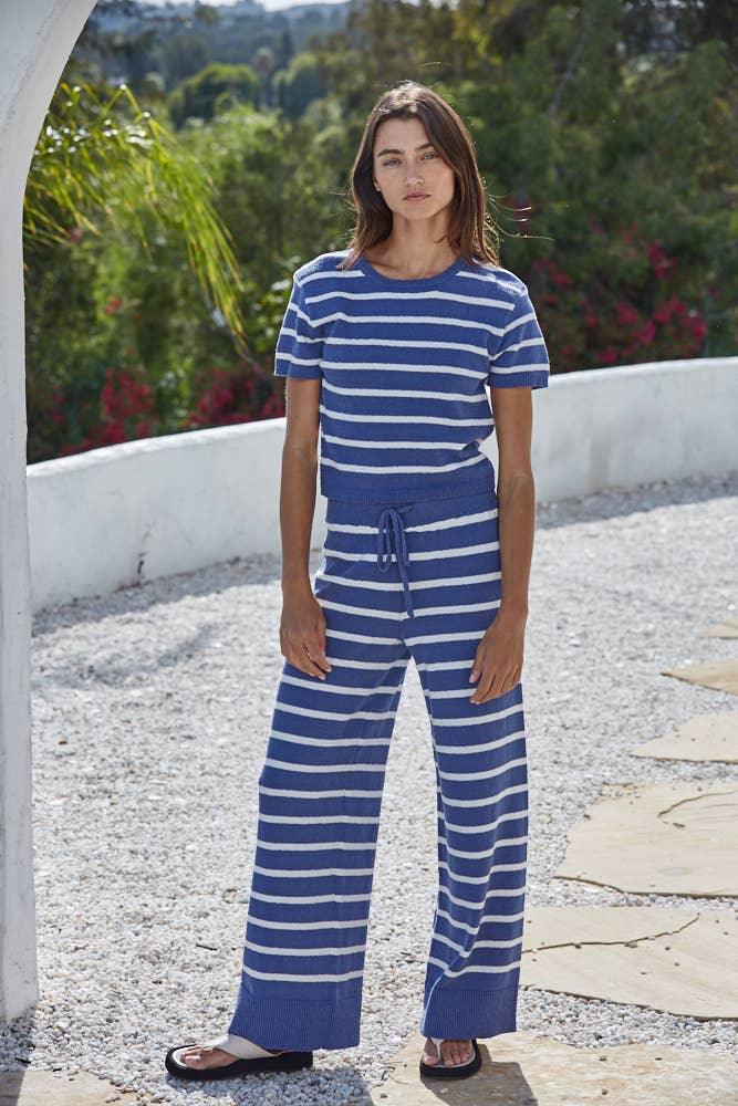 W2429B | Knit Sweater Striped Wide Leg Pants