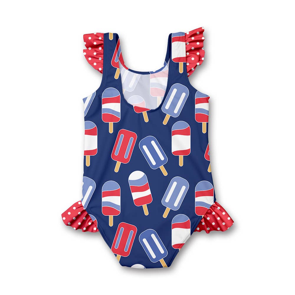Millie Loves Lily - Girls Swim Navy Popsicles Ruffle-Accent One-Piece