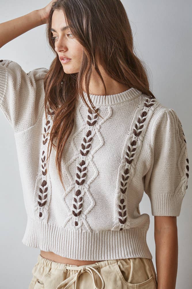 W2559 | Knit Sweater Contrast Stitch Quarter Sleeve Pullover
