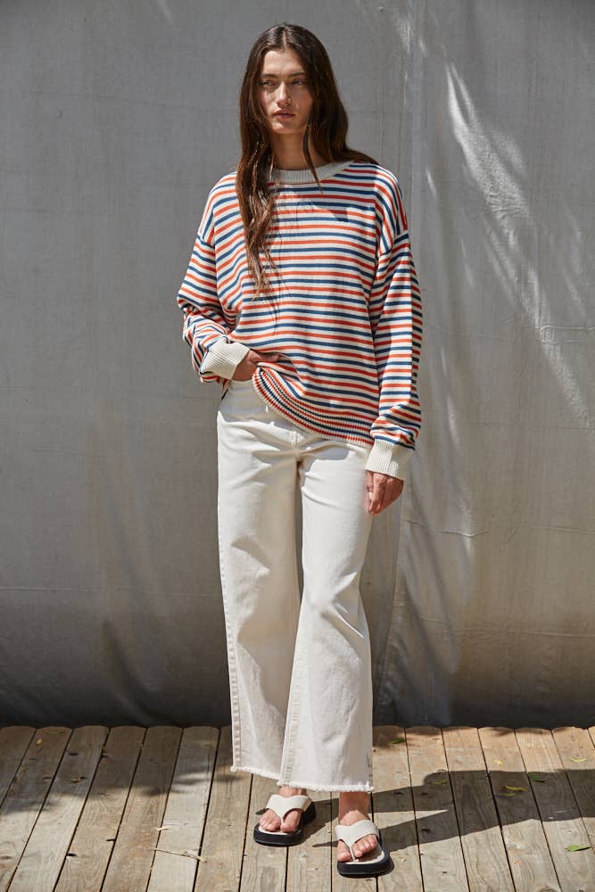 W2690 | Knit Sweater Multi Color Striped Cotton Crew Neck