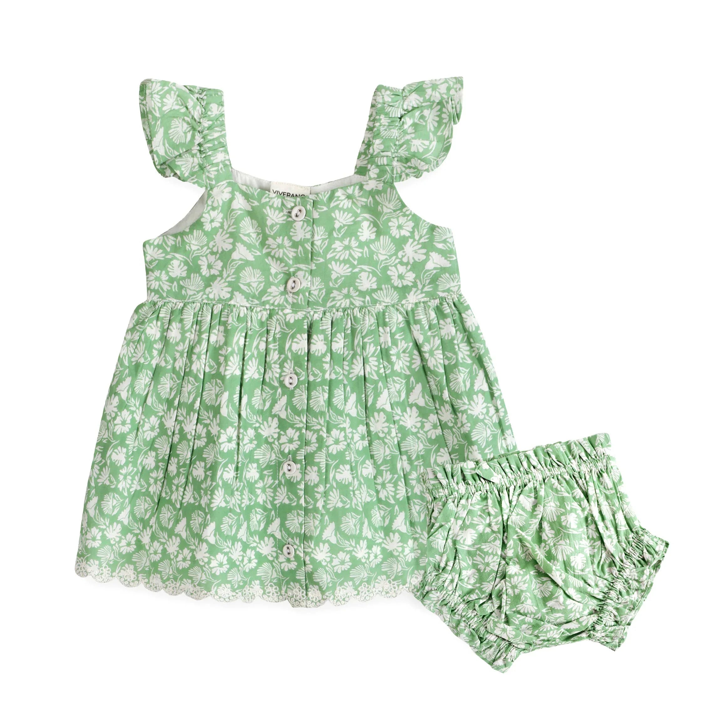 Green floral baby dress with ruffled sleeves and matching bloomers, perfect for summer outfits.