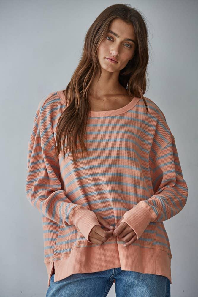 L9220 | Knit Cotton Spandex Striped Thermal Pullover